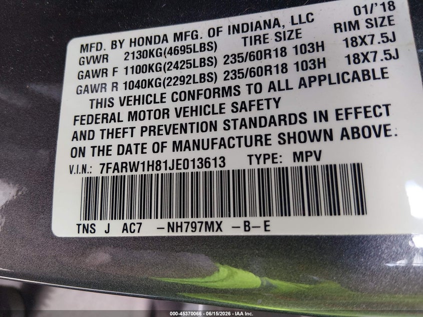 2018 Honda Cr-v VIN 7FARW1H81JE013613 IAAI salvage auction — FRONT END, Salvage Title, sold $3,650 on 2026-07-27 (photo 9)