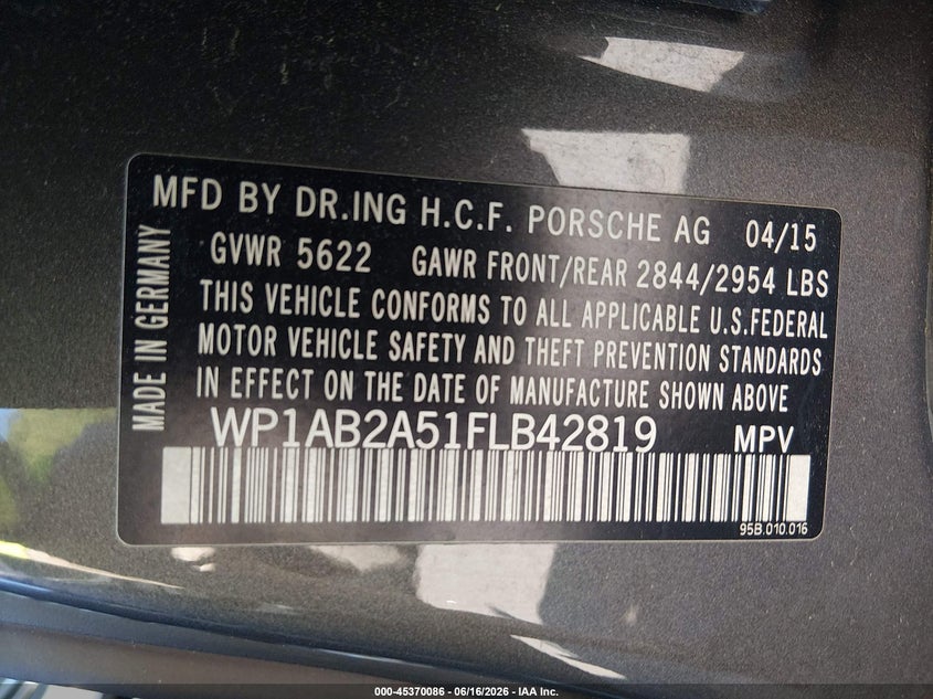 2015 Porsche Macan VIN WP1AB2A51FLB42819 IAAI salvage auction — FRONT END, Salvage (Massachusetts), sold $1,250 on 2026-07-28 (photo 8)