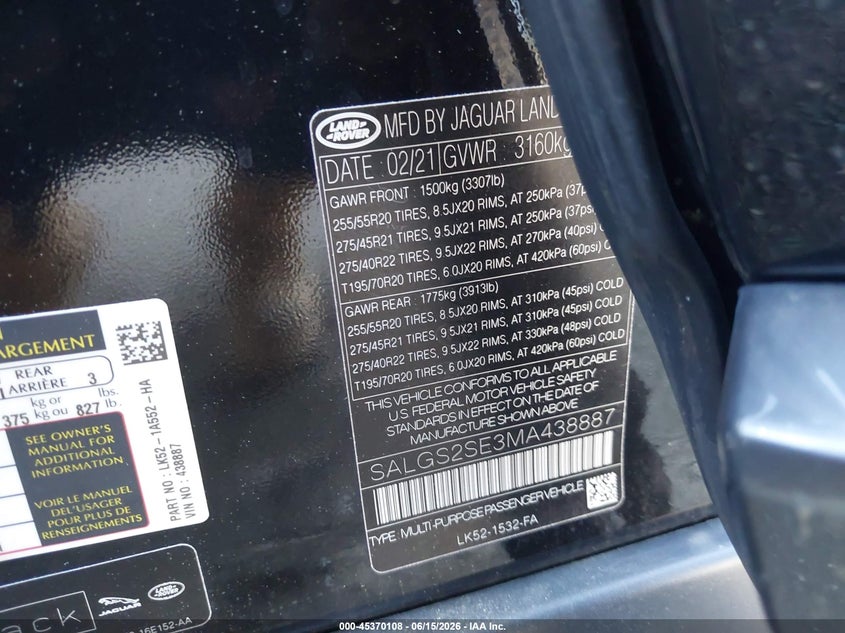 2021 Land rover RANGE ROVER VIN SALGS2SE3MA438887 IAAI salvage auction — FRONT END, Salvage (Virginia), sold $18,250 on 2026-07-28 (photo 9)