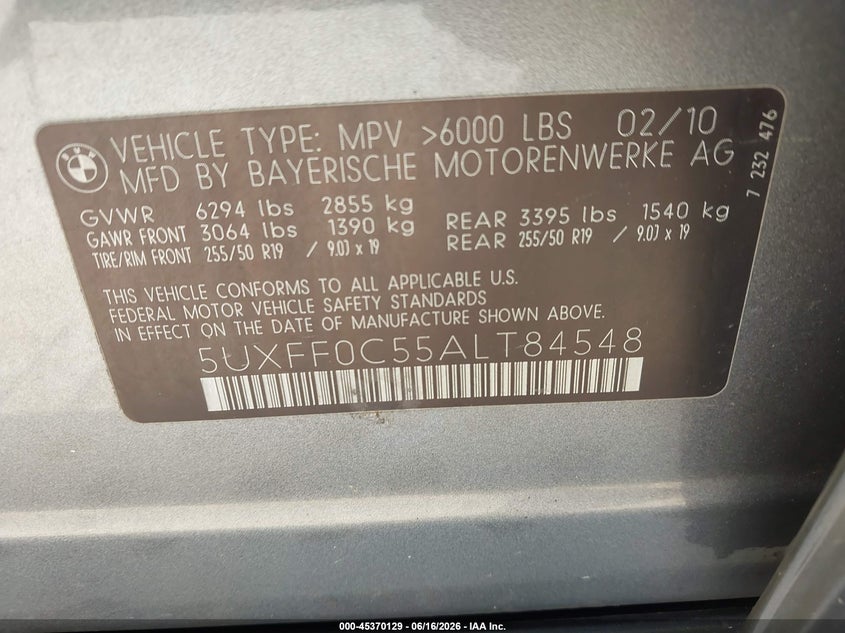 2010 BMW X5 VIN 5UXFF0C55ALT84548 IAAI salvage auction — ROOF, Salvage (Illinois), sold $25 on 2026-07-29 (photo 9)