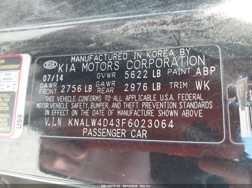2015 Kia K900 VIN KNALW4D43F6023064 IAAI salvage auction — LEFT FRONT, Salvage (Mississippi), sold $675 on 2026-07-22 (photo 9)