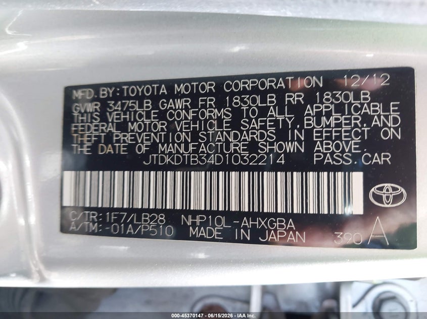 2013 Toyota Prius c VIN JTDKDTB34D1032214 IAAI salvage auction — NORMAL WEAR, Clear (New Jersey), sold $1,100 on 2026-07-08 (photo 9)