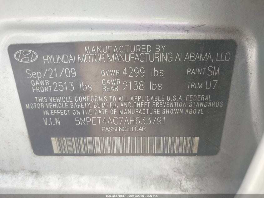 2010 Hyundai Sonata VIN 5NPET4AC7AH633791 IAAI salvage auction — FRONT END, Rebuildable (Florida), sold $750 on 2026-07-16 (photo 9)