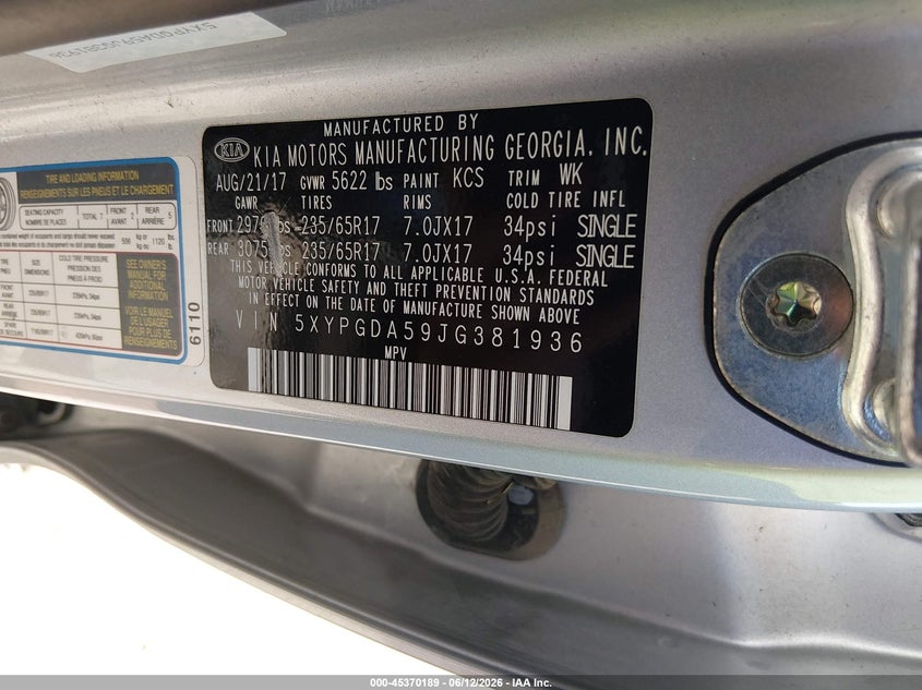 2018 Kia Sorento VIN 5XYPGDA59JG381936 IAAI salvage auction — LEFT FRONT, Salvage (Kansas), sold $1,800 on 2026-07-24 (photo 9)
