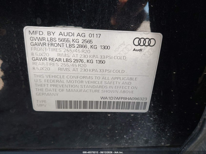 2017 Audi Q5 VIN WA1D7AFP8HA096323 IAAI salvage auction — FRONT END, Original (Texas), sold $5,100 on 2026-07-10 (photo 9)