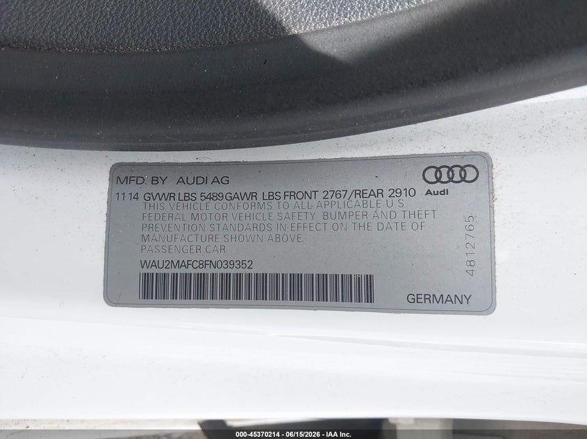 2015 Audi A7 VIN WAU2MAFC8FN039352 IAAI salvage auction — REAR END, Salvage (Idaho), sold $6,600 on 2026-07-31 (photo 9)