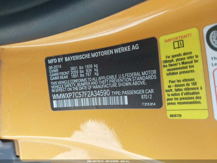 2015 Mini Hard top VIN WMWXP7C57F2A34590 IAAI salvage auction — REAR END, Salvage (Idaho), sold $825 on 2026-07-07 (photo 9)