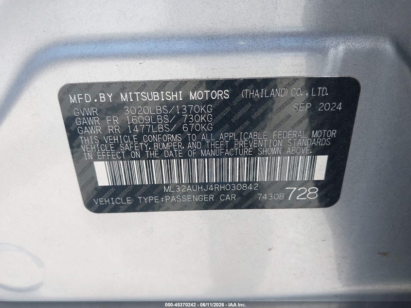 2024 Mitsubishi Mirage VIN ML32AUHJ4RH030842 IAAI salvage auction — FRONT END, Salvage (Arizona), sold $2,100 on 2026-07-16 (photo 9)