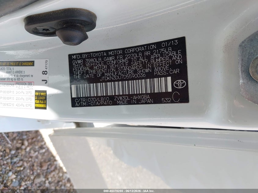 2013 Toyota Prius VIN JTDKN3DU7D5590036 IAAI salvage auction — NORMAL WEAR, Clear (California), sold $450 on 2026-07-06 (photo 9)