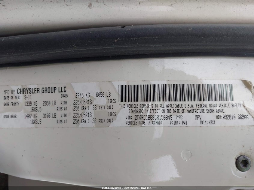 2012 Chrysler Town & country VIN 2C4RC1BG8CR150849 IAAI salvage auction — NORMAL WEAR, Original (Ohio), sold $400 on 2026-07-11 (photo 9)