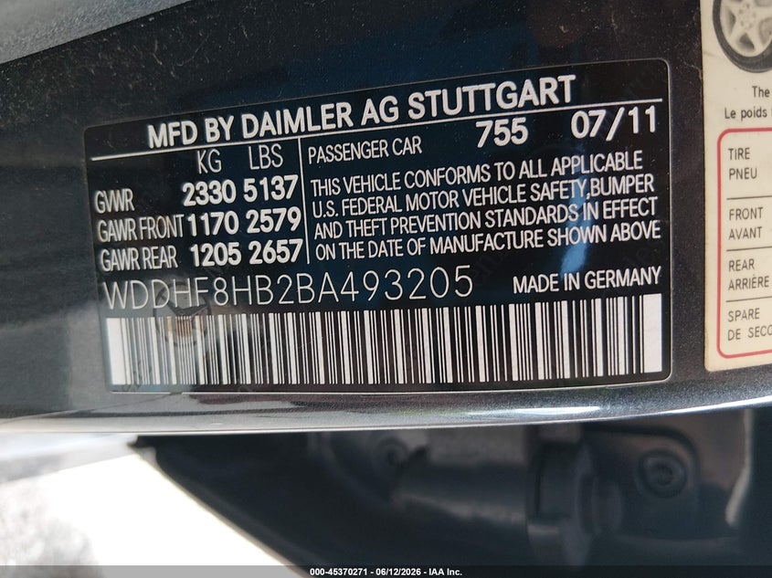 2011 Mercedes-benz E-klasse VIN WDDHF8HB2BA493205 IAAI salvage auction — WATER/FLOOD, Salvage (Missouri), sold $1,225 on 2026-07-16 (photo 9)