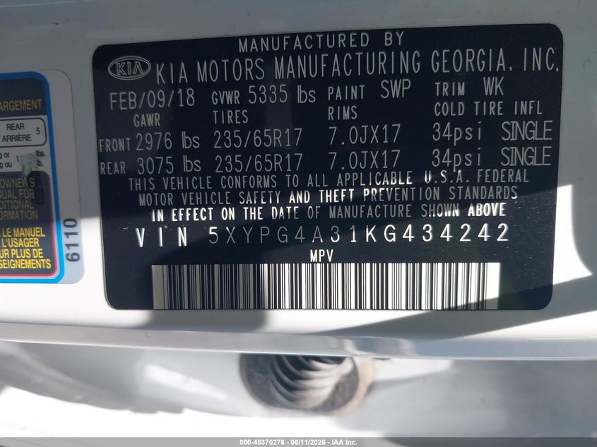 2019 Kia Sorento VIN 5XYPG4A31KG434242 IAAI salvage auction — NORMAL WEAR, Clear - Dealer Only (California), sold $2,650 on 2026-07-13 (photo 9)