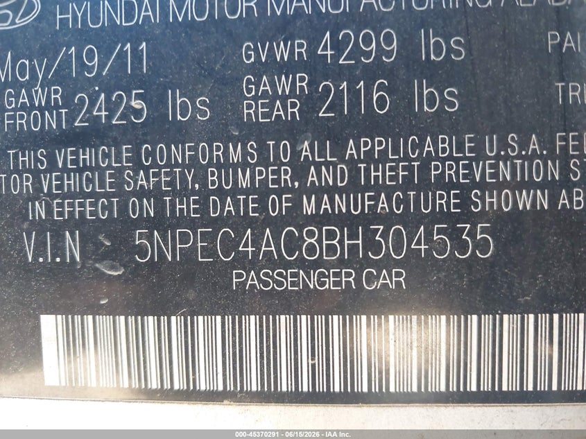 2011 Hyundai Sonata VIN 5NPEC4AC8BH304535 IAAI salvage auction — FRONT END, Salvage (North Carolina), sold $375 on 2026-07-06 (photo 9)