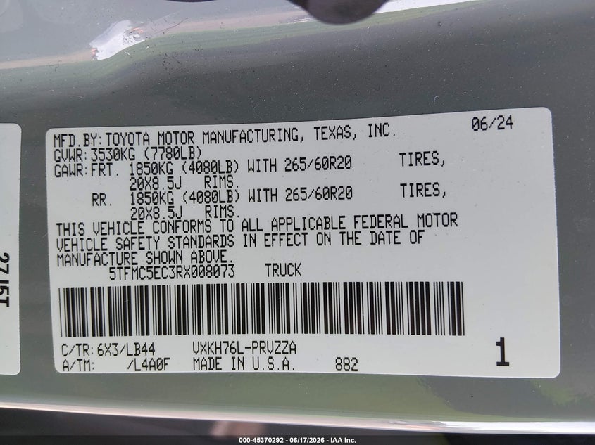 2024 Toyota Tundra VIN 5TFMC5EC3RX008073 IAAI salvage auction — RIGHT SIDE, Salvage Title, sold $44,700 on 2026-07-20 (photo 9)