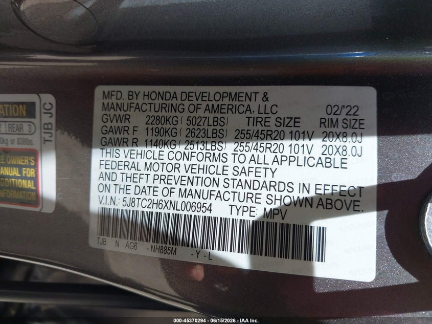2022 Acura Rdx VIN 5J8TC2H6XNL006954 IAAI salvage auction — LEFT SIDE, Salvage (Kansas), sold $13,600 on 2026-07-22 (photo 9)