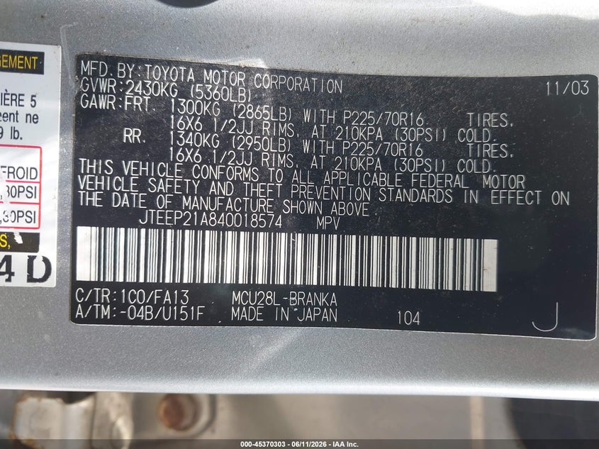 2004 Toyota Highlander VIN JTEEP21A840018574 IAAI salvage auction — NORMAL WEAR, Clear (Pennsylvania), sold $725 on 2026-07-08 (photo 9)
