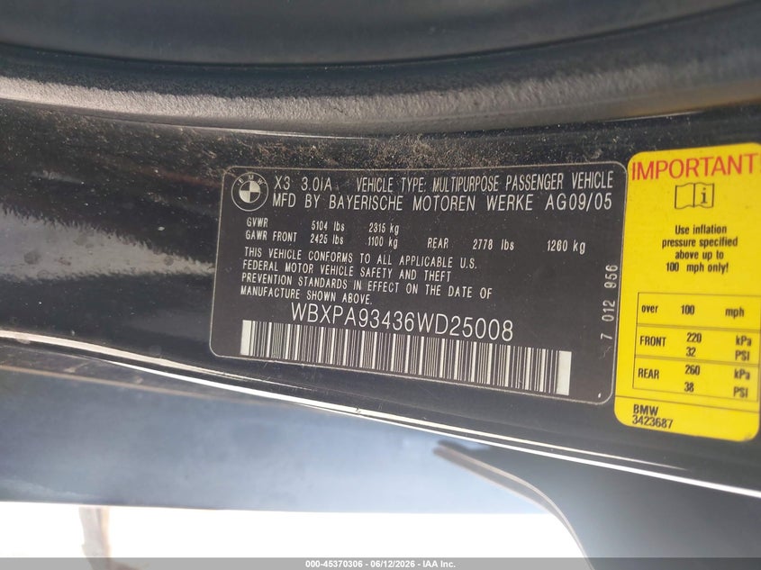 2006 BMW X3 VIN WBXPA93436WD25008 IAAI salvage auction — FRONT END, Original (Texas), sold $525 on 2026-07-24 (photo 9)