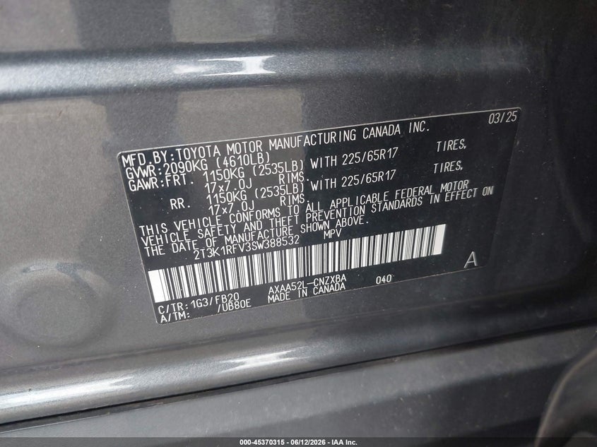2025 Toyota Rav 4 VIN 2T3K1RFV3SW388532 IAAI salvage auction — RIGHT FRONT, Salvage Title, sold $8,600 on 2026-07-24 (photo 9)