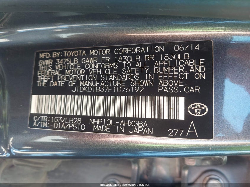 2014 Toyota Prius c VIN JTDKDTB37E1076192 IAAI salvage auction — FRONT END, Certificate Of Title (Nebraska), sold $700 on 2026-07-23 (photo 9)