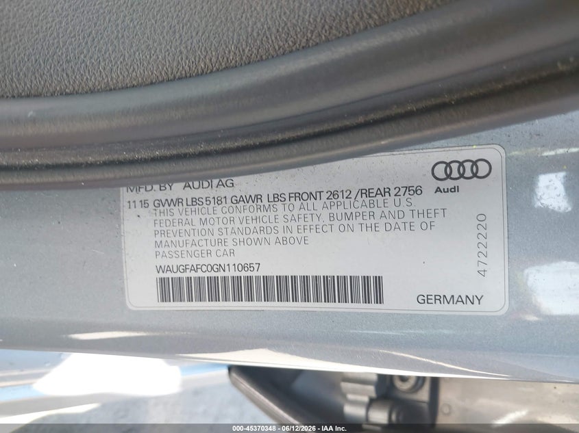 2016 Audi A6 VIN WAUGFAFC0GN110657 IAAI salvage auction — UNKNOWN, Salvage Title, sold $5,200 on 2026-07-12 (photo 9)