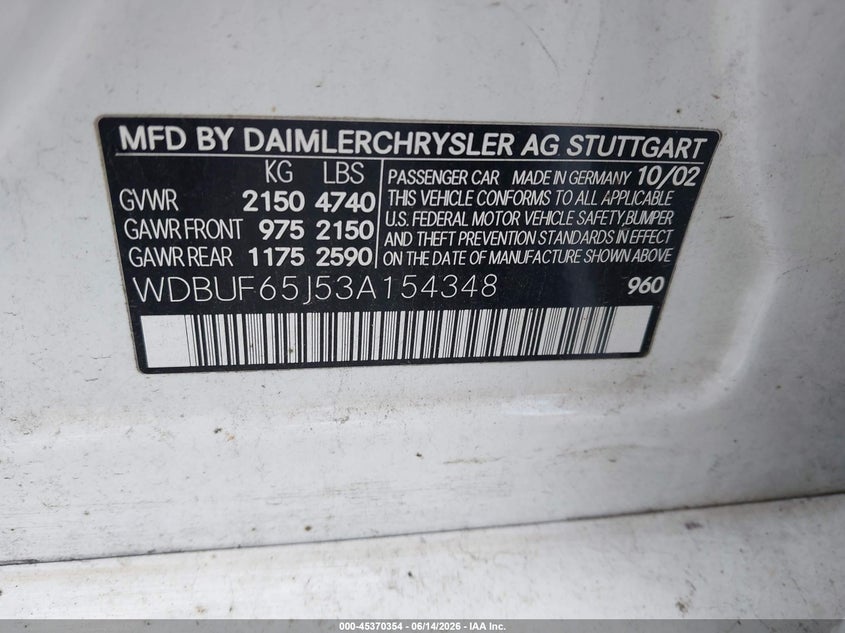 2003 Mercedes-benz E-class VIN WDBUF65J53A154348 IAAI salvage auction — REAR END, Salvage (Kentucky), sold $325 on 2026-08-10 (photo 9)