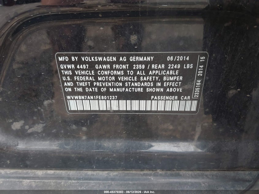 2015 Volkswagen Passat cc VIN WVWBN7AN1FE801237 IAAI salvage auction — RIGHT FRONT, Salvage (Ohio), sold $825 on 2026-07-15 (photo 9)