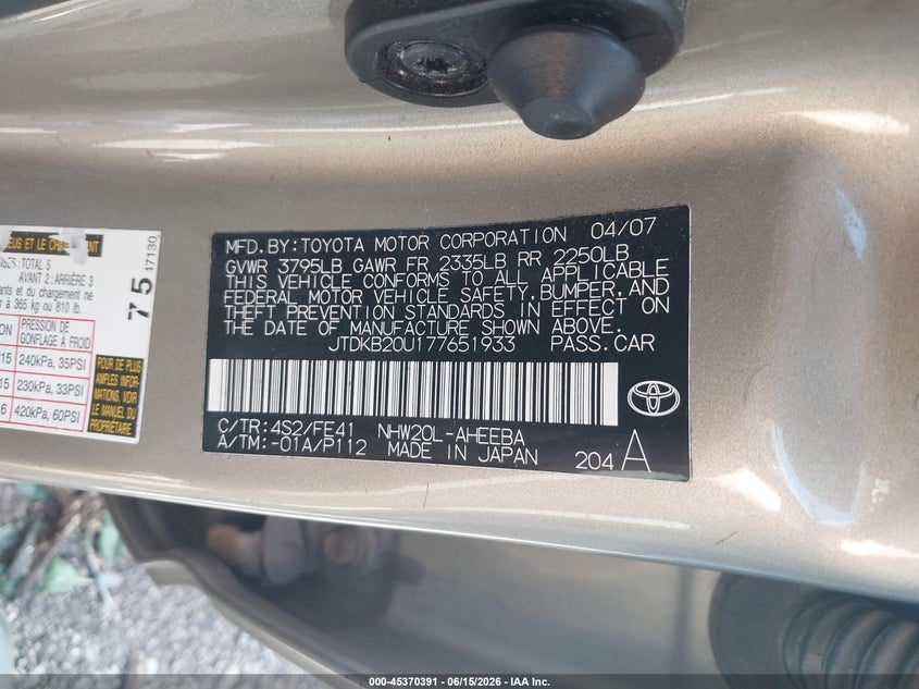 2007 Toyota Prius VIN JTDKB20U177651933 IAAI salvage auction — SIDE, Salvage (Ohio), sold $350 on 2026-07-07 (photo 9)