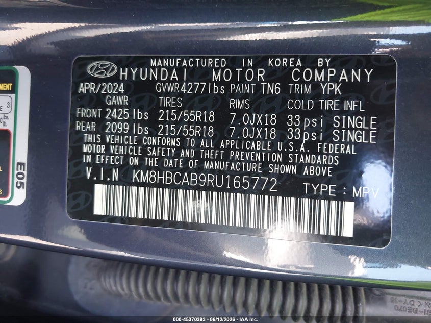 2024 Hyundai Kona VIN KM8HBCAB9RU165772 IAAI salvage auction — REAR END, Salvage (Illinois), sold $4,550 on 2026-07-21 (photo 9)