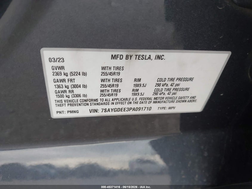 2023 Tesla Model y VIN 7SAYGDEE3PA091710 IAAI salvage auction — FRONT END, Salvage (California), sold $12,500 on 2026-07-14 (photo 9)