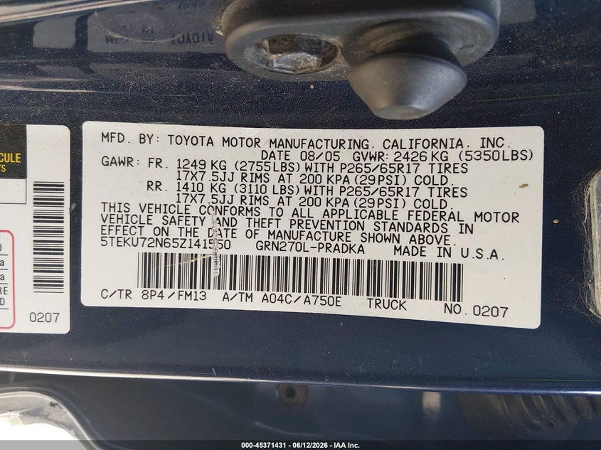 2005 Toyota Tacoma VIN 5TEKU72N65Z141550 IAAI salvage auction — ROLLOVER, Bill Of Sale (Washington), sold $1,300 on 2026-07-08 (photo 9)