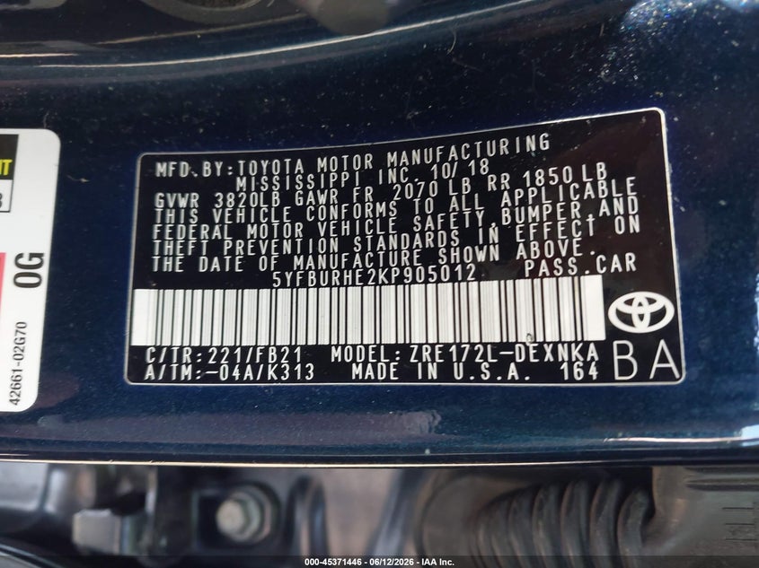 2019 Toyota Corolla VIN 5YFBURHE2KP905012 IAAI salvage auction — LEFT FRONT, Salvage (Ohio), sold $3,800 on 2026-07-24 (photo 9)