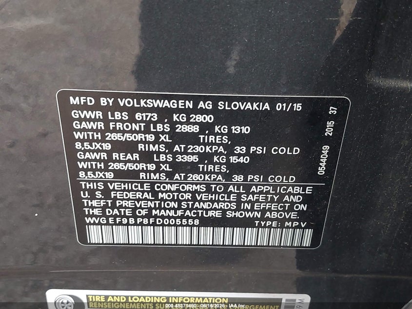2015 Volkswagen Touareg VIN WVGEF9BP8FD005558 IAAI salvage auction — RIGHT SIDE, Salvage (Texas), sold $1,300 on 2026-07-23 (photo 9)