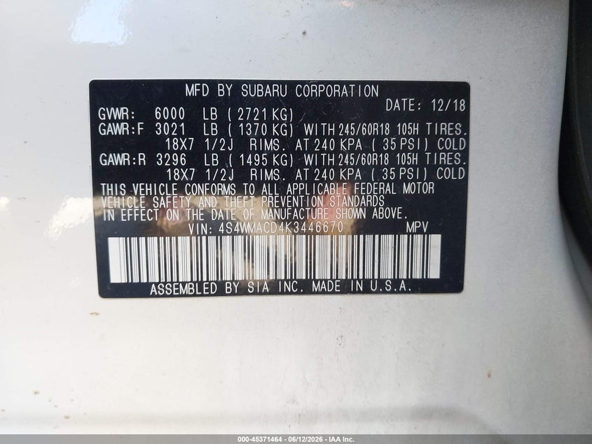 2019 Subaru Ascent VIN 4S4WMACD4K3446670 IAAI salvage auction — FRONT END, Salvage Title, sold $5,150 on 2026-07-19 (photo 9)