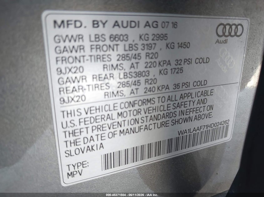 2017 Audi Q7 VIN WA1LAAF71HD024262 IAAI salvage auction — REPOSSESSION, Clear - Dealer Only (California), sold $4,475 on 2026-07-29 (photo 9)