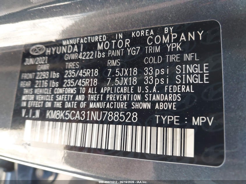 2022 Hyundai Kona VIN KM8K5CA31NU788528 IAAI salvage auction — UNDERCARRIAGE, Salvage (Virginia), sold $7,050 on 2026-07-13 (photo 9)