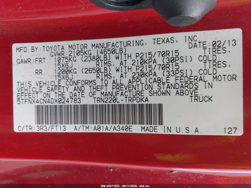 2013 Toyota Tacoma VIN 5TFNX4CN4DX024783 IAAI salvage auction — NORMAL WEAR, Clear (Florida), sold $2,350 on 2026-07-20 (photo 9)