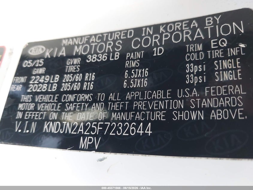 2015 Kia Soul VIN KNDJN2A25F7232644 IAAI salvage auction — NORMAL WEAR, Clear (Virginia), sold $875 on 2026-07-06 (photo 9)