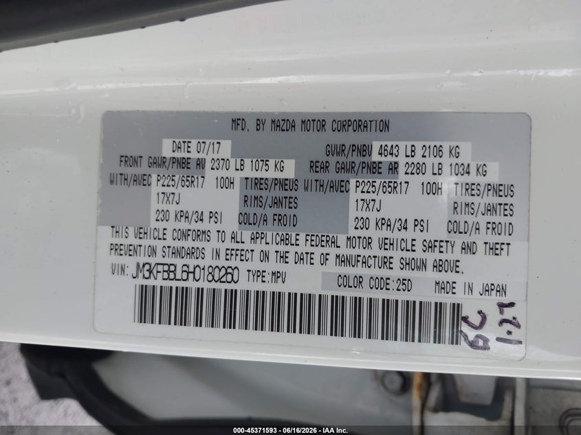 2017 Mazda Cx-5 VIN JM3KFBBL6H0180260 IAAI salvage auction — FRONT END, Salvage (Missouri), sold $2,550 on 2026-07-28 (photo 9)