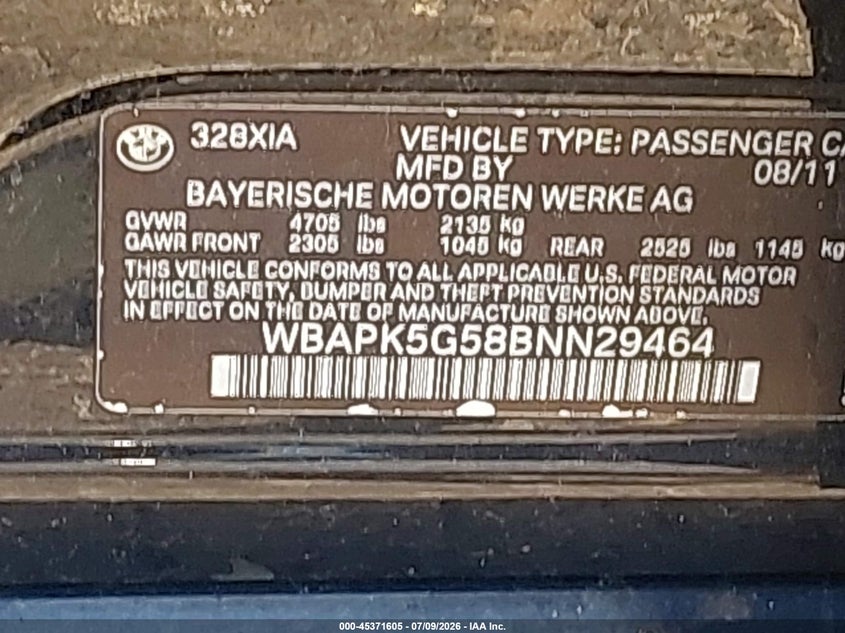 2011 BMW 3er VIN WBAPK5G58BNN29464 IAAI salvage auction — FRONT END, Salvage, sold $25 on 2026-07-21 (photo 9)