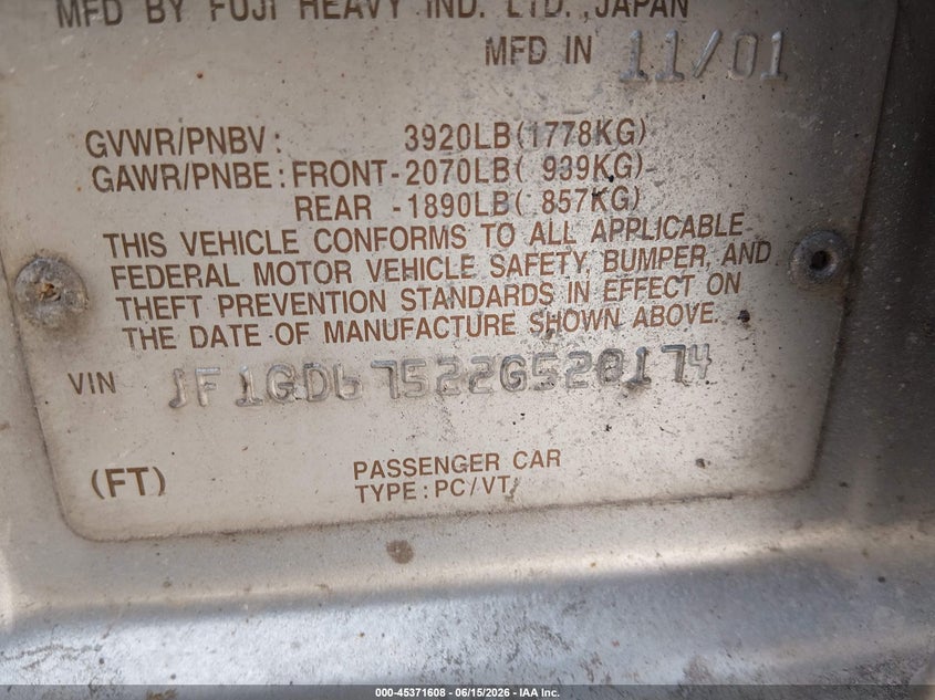 2002 Subaru Impreza VIN JF1GD67522G520174 IAAI salvage auction — SIDE, Salvage (Indiana), sold $375 on 2026-07-15 (photo 9)