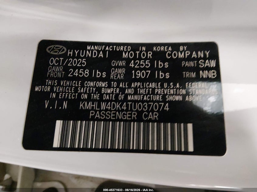2026 Hyundai Elantra n VIN KMHLW4DK4TU037074 IAAI salvage auction — FRONT END, Salvage (Minnesota), sold $12,150 on 2026-08-11 (photo 9)