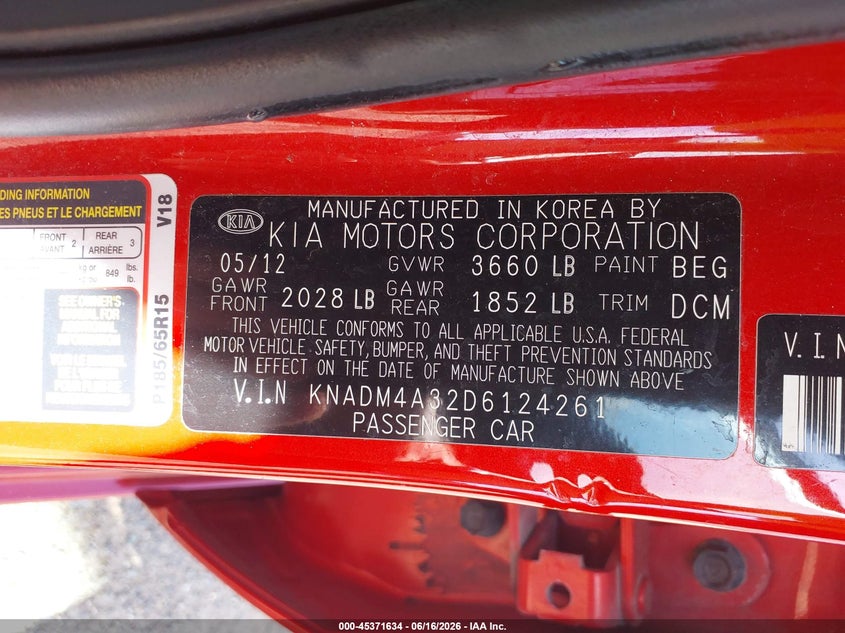 2013 Kia Rio VIN KNADM4A32D6124261 IAAI salvage auction — WATER/FLOOD, Bill Of Sale Destruction Only - Salvage (Ohio), sold $175 on 2026-07-27 (photo 9)