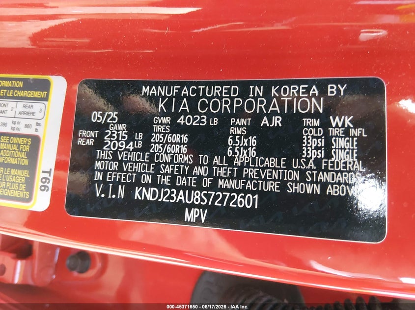 2025 Kia Soul VIN KNDJ23AU8S7272601 IAAI salvage auction — LEFT FRONT, Salvage Title, sold $4,600 on 2026-07-22 (photo 9)