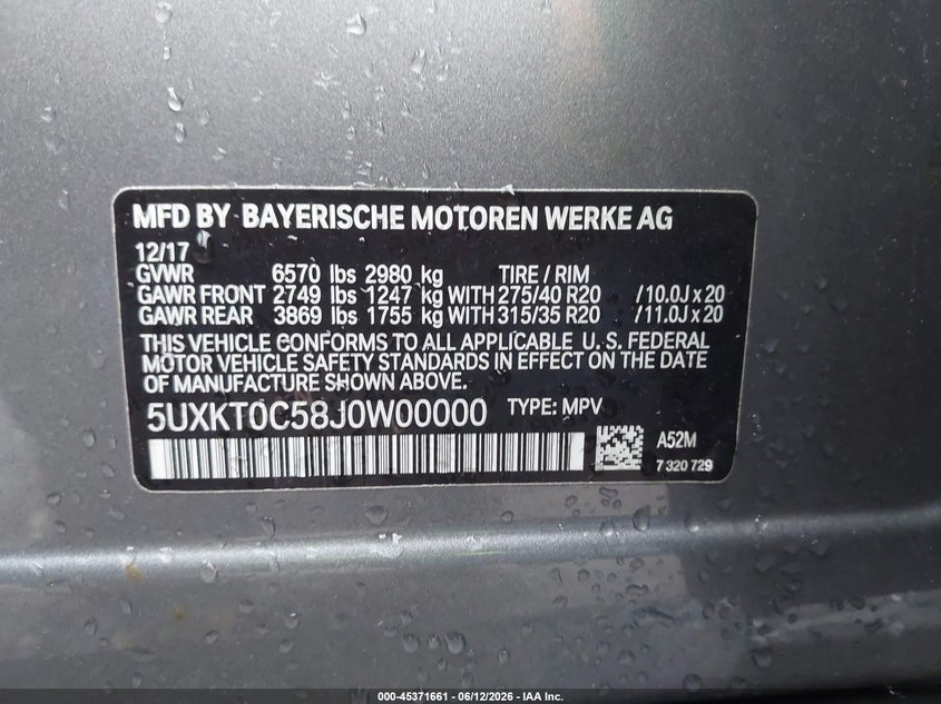 2018 BMW X5 VIN 5UXKT0C58J0W00000 IAAI salvage auction — FRONT END, Salvage (Tennessee), sold $5,900 on 2026-07-09 (photo 9)