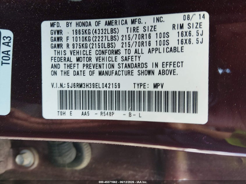 2014 Honda Cr-v VIN 5J6RM3H39EL042159 IAAI salvage auction — REAR END, Clear (Arkansas), sold $3,300 on 2026-07-23 (photo 9)