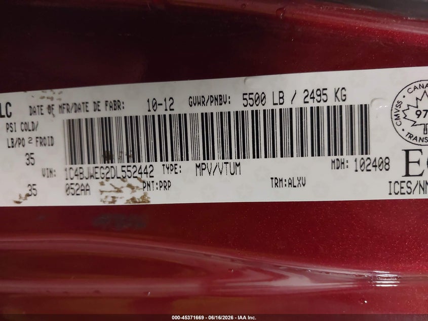 2013 Jeep Wrangler / VIN 1C4BJWEG2DL552442 IAAI salvage auction — ROOF, Salvage (Iowa), sold $3,200 on 2026-07-25 (photo 9)
