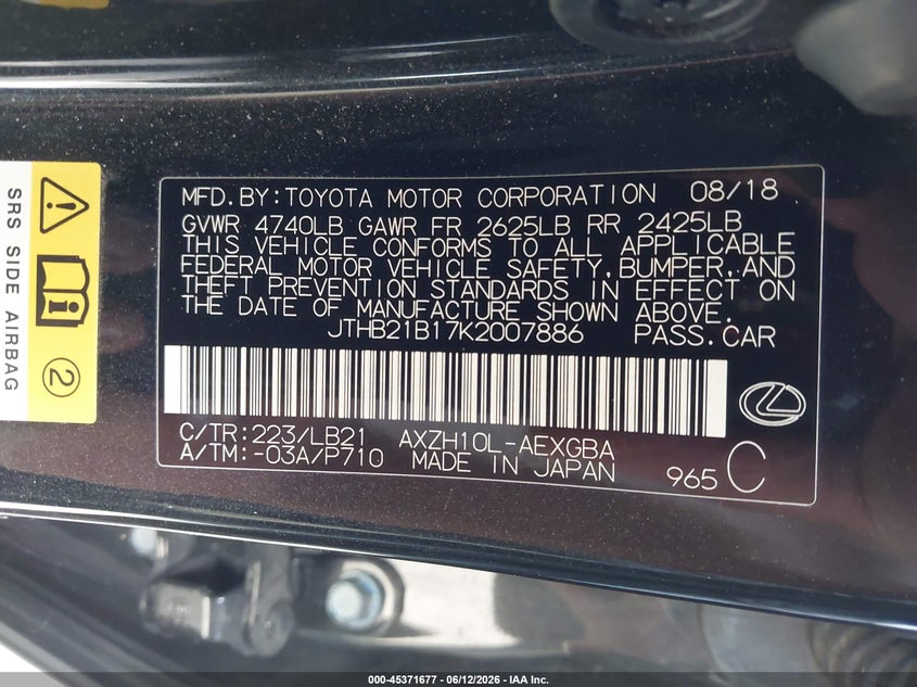 2019 Lexus ES VIN JTHB21B17K2007886 IAAI salvage auction — LEFT FRONT, Salvage Title, sold $9,100 on 2026-07-28 (photo 9)