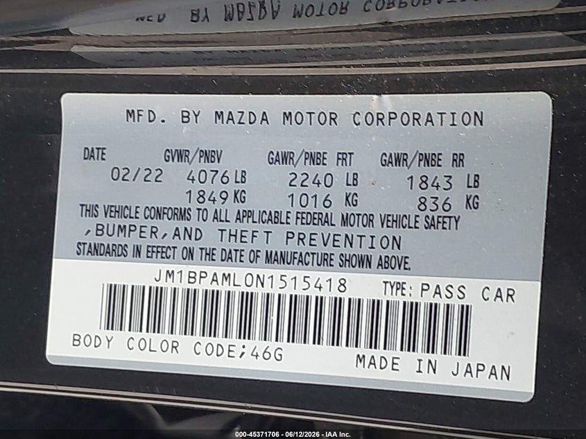 2022 Mazda 3 VIN JM1BPAML0N1515418 IAAI salvage auction — FRONT END, Salvage Title, sold $6,200 on 2026-08-01 (photo 9)