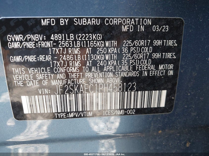 2023 Subaru Forester VIN JF2SKAEC1PH458123 IAAI salvage auction — RIGHT SIDE, Salvage Title, sold $4,950 on 2026-07-21 (photo 9)