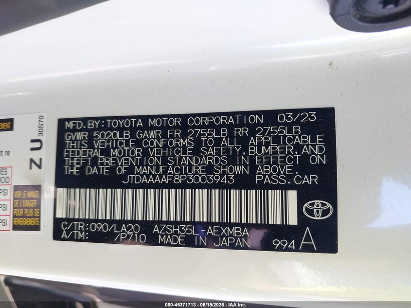 2023 Toyota Crown VIN JTDAAAAF8P3003943 IAAI salvage auction — REAR END, Salvage Title, sold $10,000 on 2026-08-16 (photo 9)